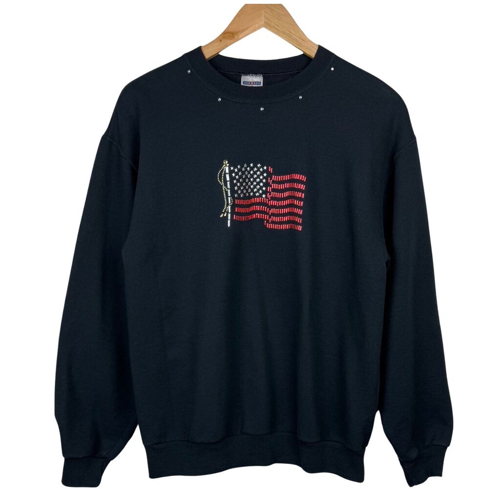 Jerzees Sweatshirt American Flag Textured Sequin Beads Rhinestone Medium Black